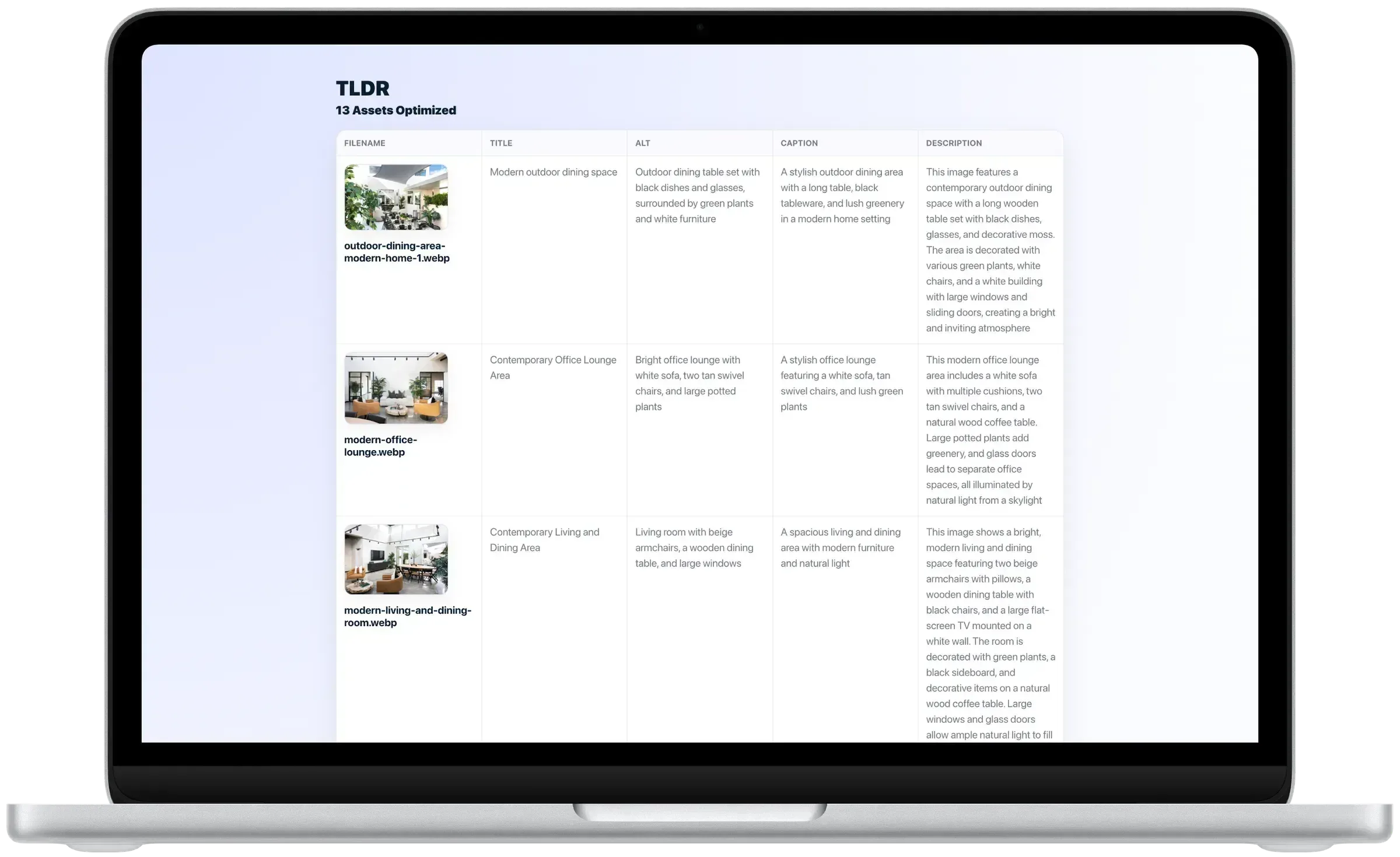 Bootstrap shown on a laptop with 13 optimized image assets and generated filename, title, alt text, caption, and description columns