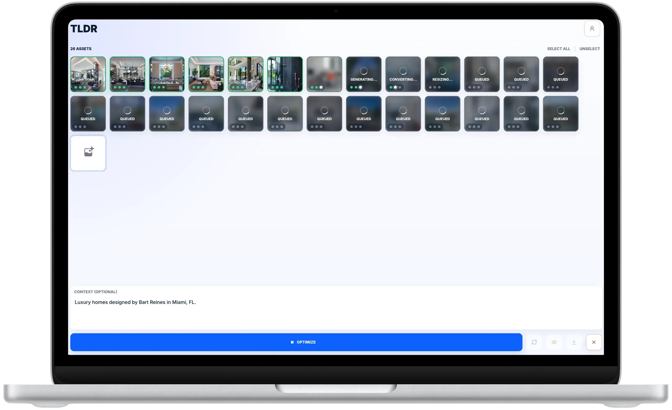 Bootstrap dashboard displayed on a laptop while image processing and optimization tasks are queued