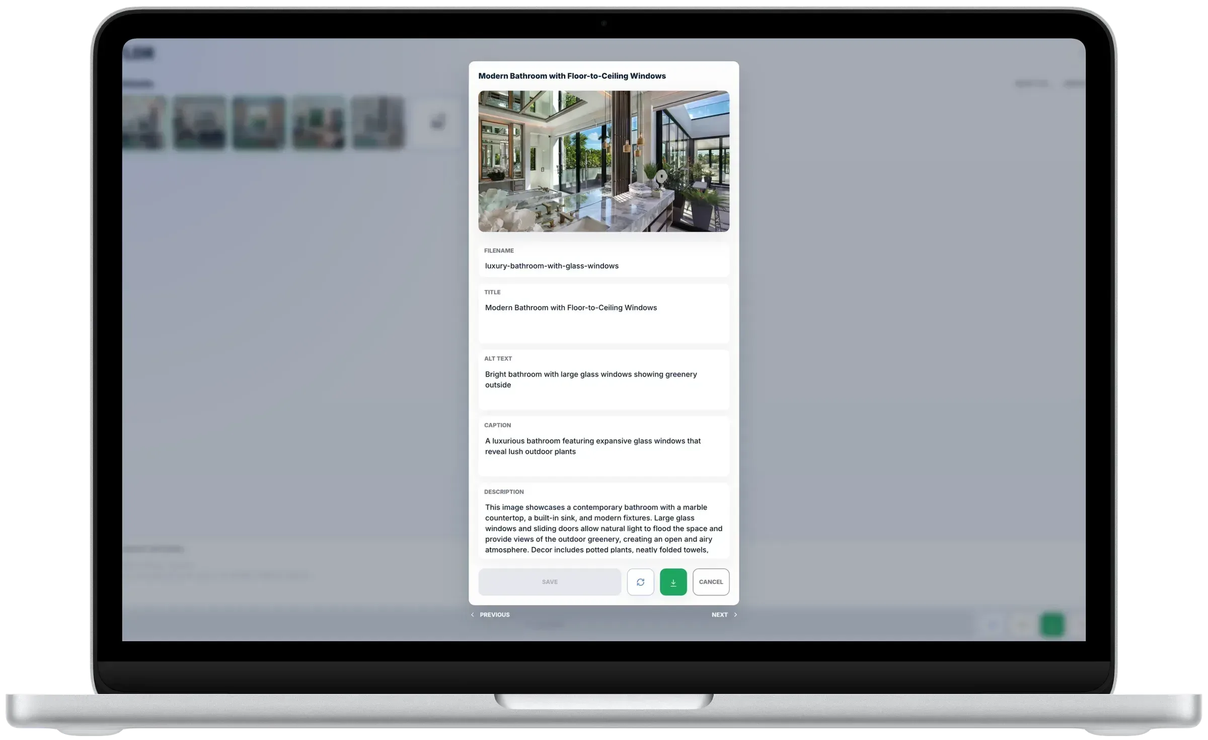Bootstrap shown on a laptop with the metadata preview modal open over queued image assets